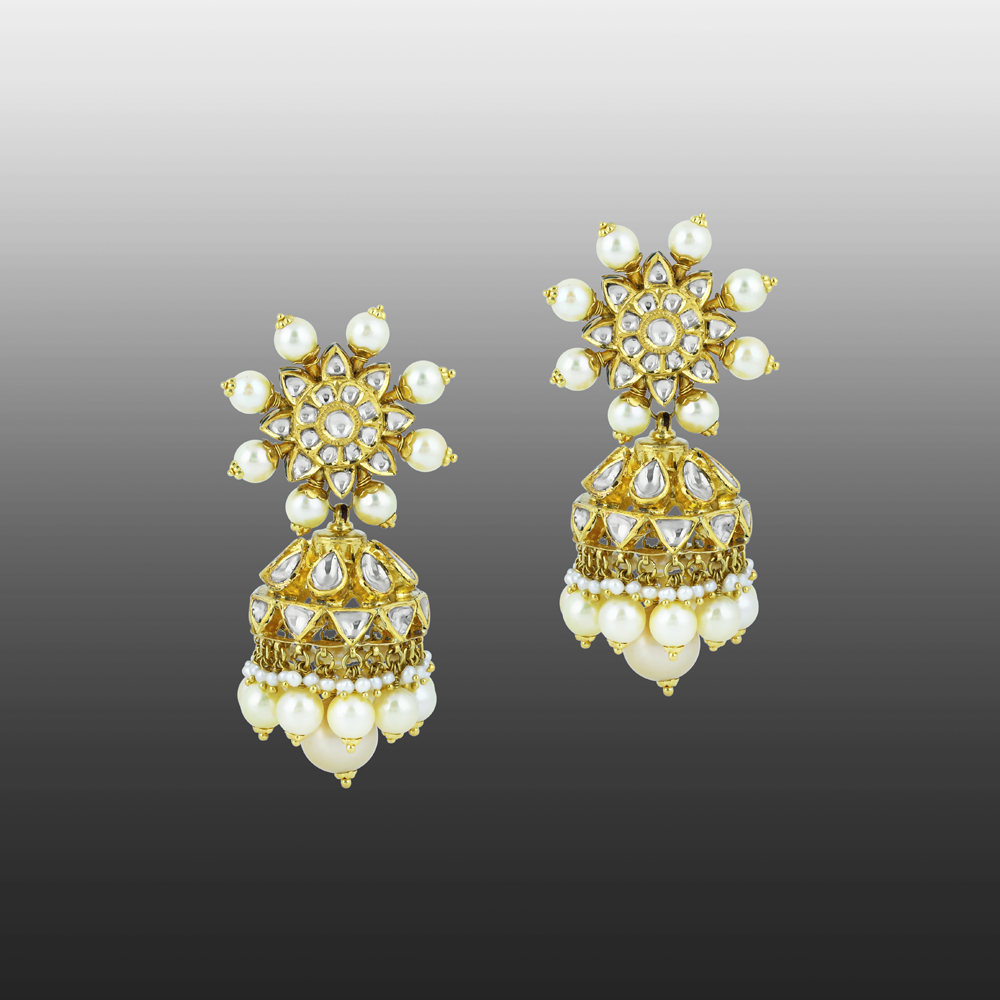 Floral Polki Jhumka Earrings with Layered Pearls